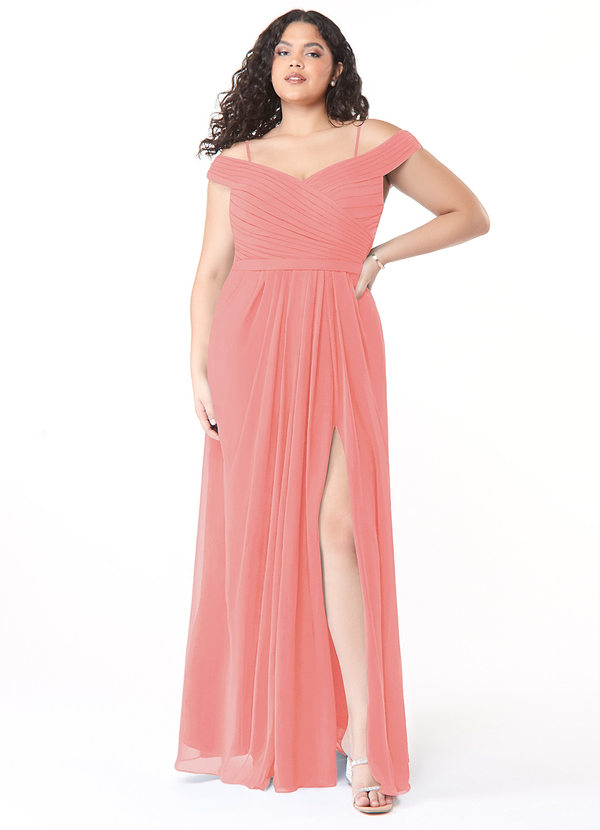 Azazie Audrianna Bridesmaid Dresses Coral A-Line Off-The-Shoulder Gathered Chiffon Convertible Dress image1