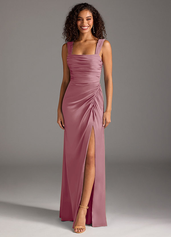 Azazie Jesaphine Bridesmaid Dresses Vintage Mauve Sheath Bow Stretch Satin Dress image1