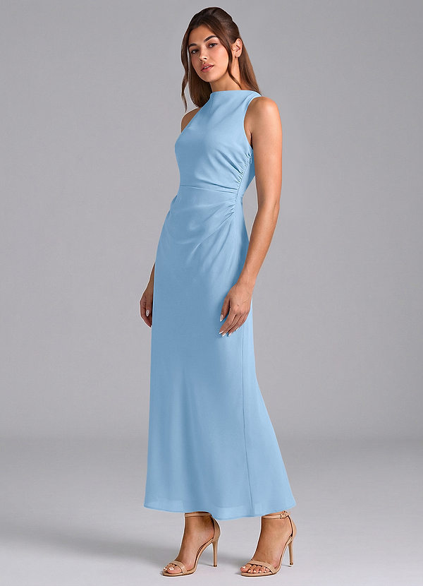 Azazie Evadne Bridesmaid Dresses Powder Blue Sheath Pleated Chiffon Dress image1