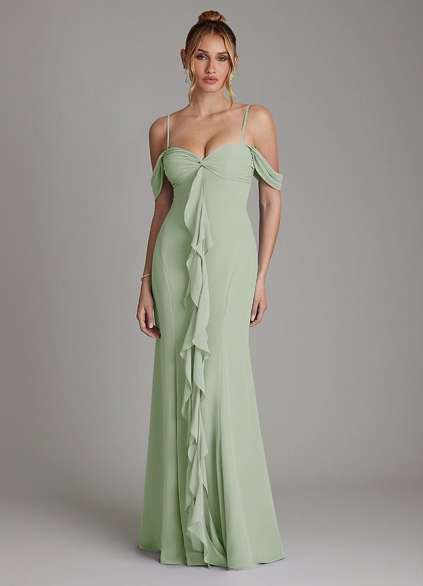 Azazie Karmela Bridesmaid Dresses Dusty Sage A-Line Off the Shoulder Chiffon Dress image1