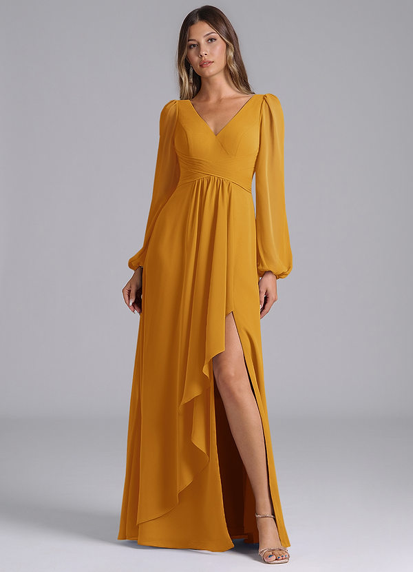 Azazie Liah Bridesmaid Dresses Butterscotch A-Line Long Sleeve Chiffon Dress image1