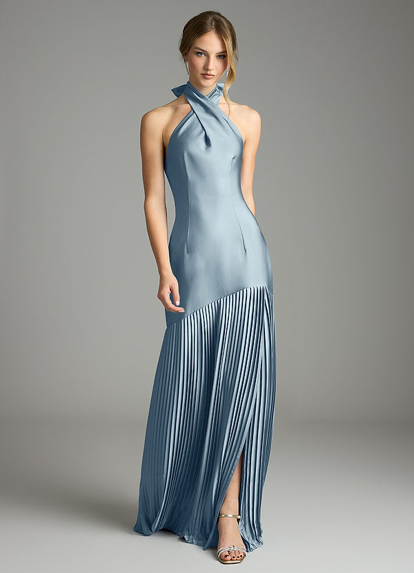 Azazie Nayeli Bruidsmeisjes Jurken Jurk van Stretch Satijn met A-Lijn Geplooid Stoffig Blauw image1