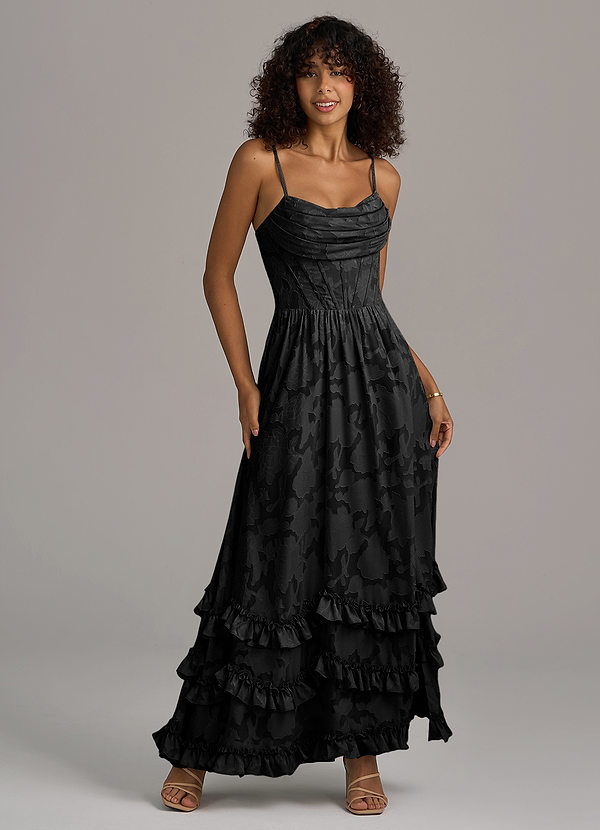 Azazie Lettie Abiti da Damigella Abito A-Line in Burnout Floreale Corsetto Nero image1