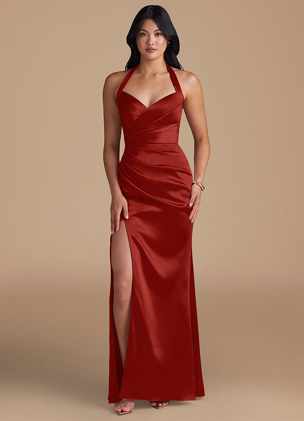 Azazie Emeria Bridesmaid Dresses Rust Sheath Side Slit Metallic Satin Dress image1