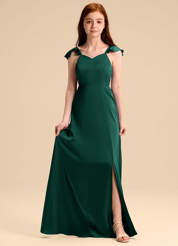 Azazie Everett Junior Vestido de Esmeralda de Satén Elástico de Corte en A con Lazo image1