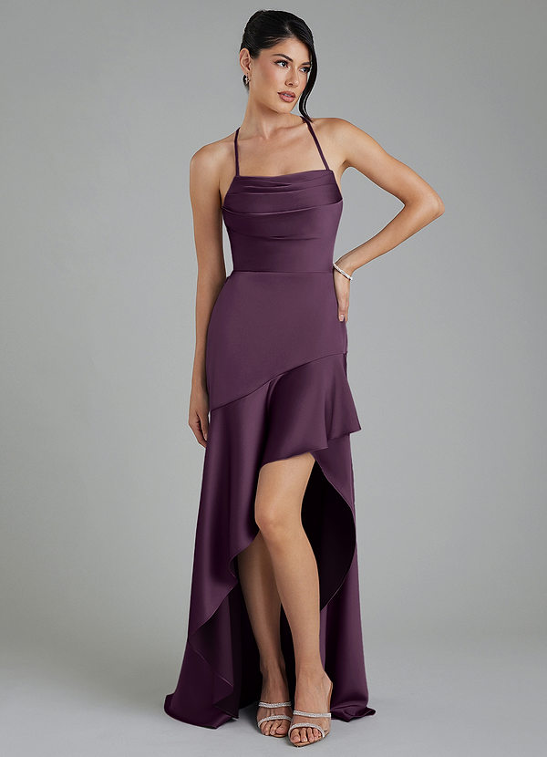 Azazie Jaslene Bridesmaid Dresses Plum A-Line Corset Stretch Satin Dress image1