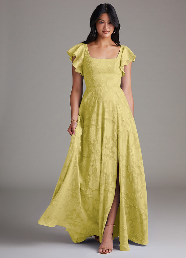 Azazie Bondi Bridesmaid Dresses Canary A-Line Side Slit Floral Burnout Dress image1