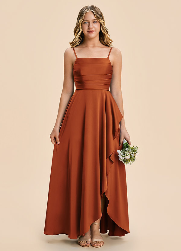 Azazie Naveah Junior Cinnamon A-Line Ruched Stretch Satin Dress image1