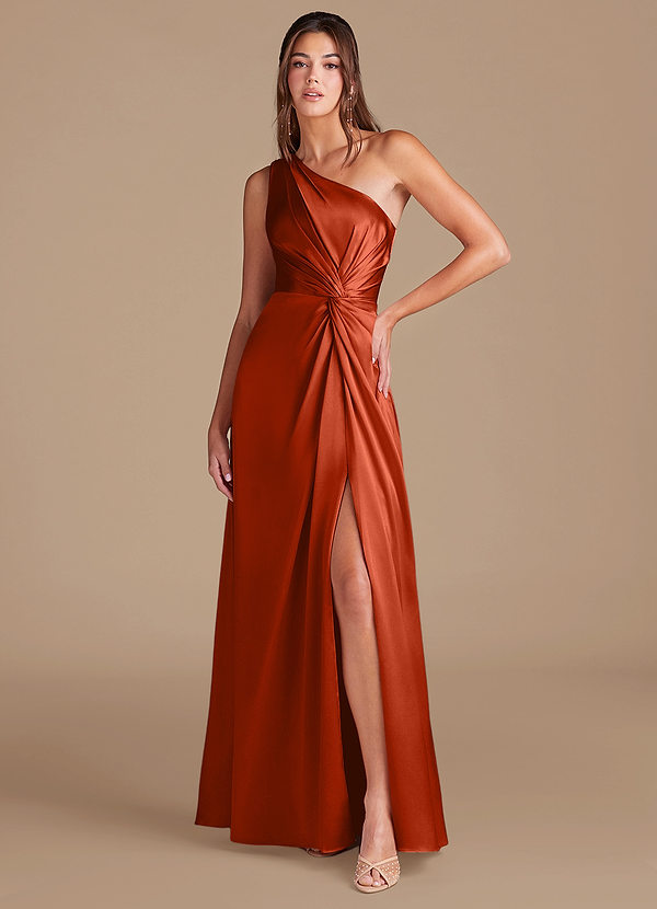 Azazie Brooke Bridesmaid Dresses Paprika A-Line One Shoulder Metallic Satin Dress image1