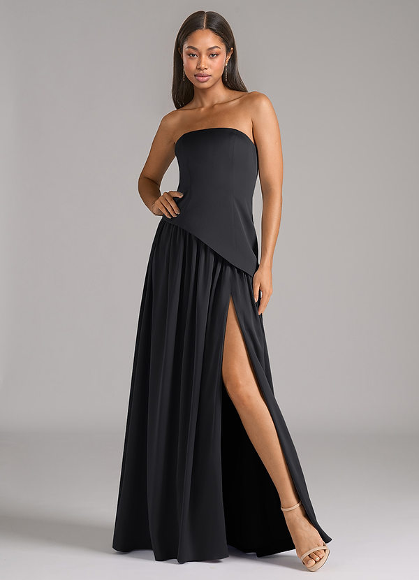 Azazie Adeline Vestidos Dama de Honor Vestido de Negro de Satén Elástico de Corte en A Convertible con Sin tirantes image1