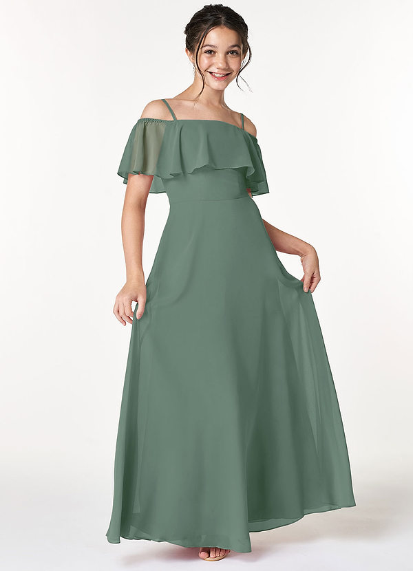 Azazie Maggie Junior Eucalyptus A-Line Off the Shoulder Chiffon Dress image1