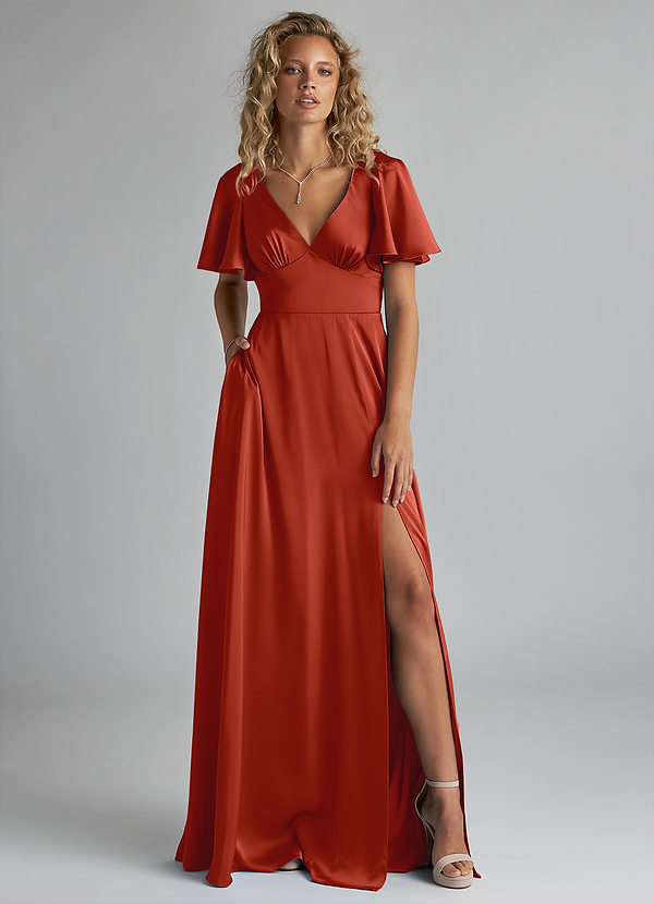 Azazie Kimber Bridesmaid Dresses Rust A-Line Ruched Stretch Satin Dress image1
