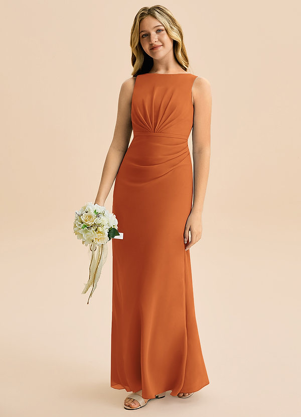 Azazie Floris Junior Robe Trapèze en Mousseline de soie Plissée Cannelle image1