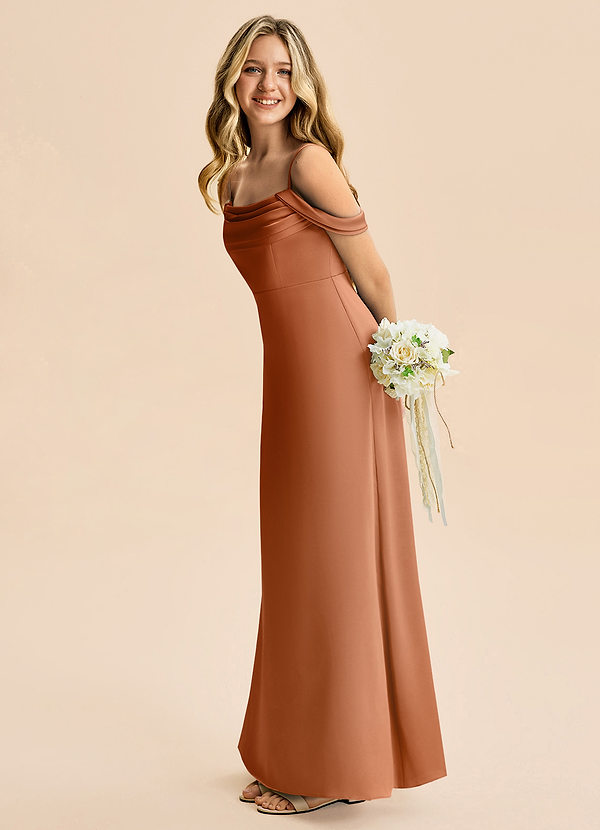 Azazie Lettie Junior A-Linie Schulterfrei Stretch-Satin Kleid Kupfer image1