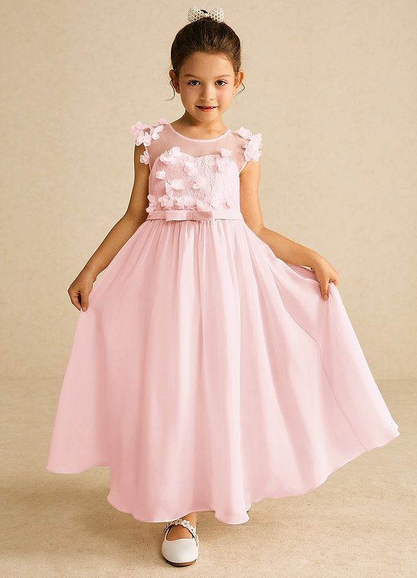 Azazie Arlo Flower Girl Dresses Blushing Pink A-Line Bow Chiffon Dress image1