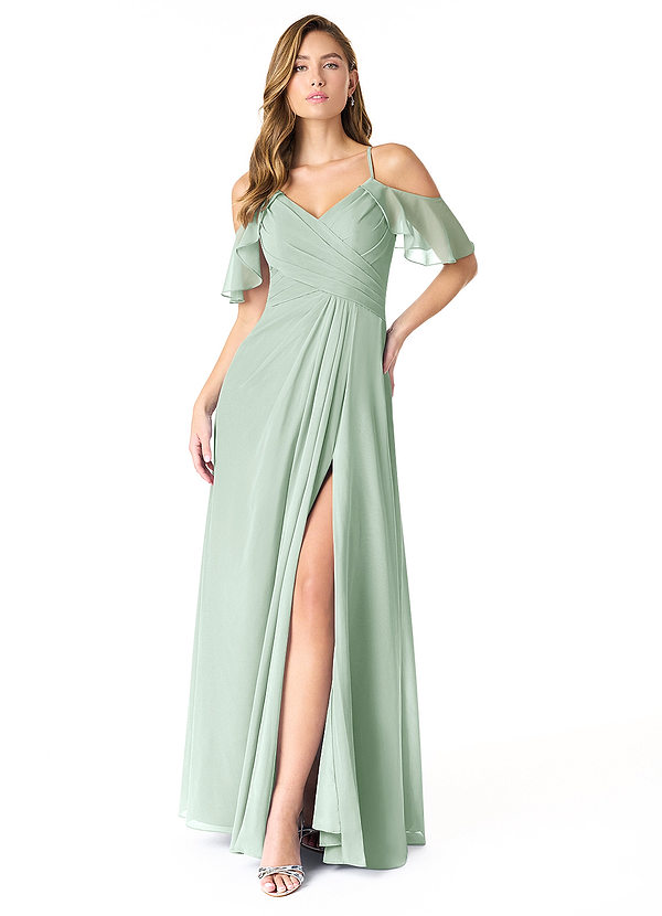 Azazie Dakota Bridesmaid Dresses Agave A-Line V-Neck Pleated Chiffon Dress image1
