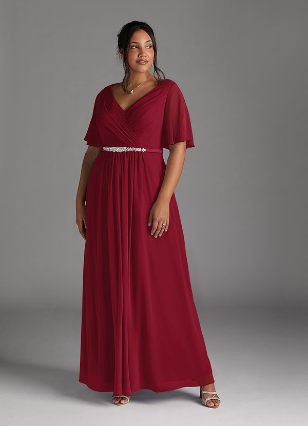 Azazie Tricia Brautmutterkleider A-Linie V-Hals Gefaltet Chiffon Kleid Burgunderrot image1