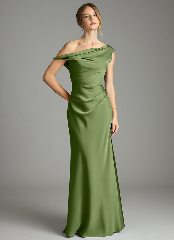 Azazie Emerson Brautjungfernkleider Meerjungfrau-Linie Schulterfrei Stretch-Satin Kleid Wacholder image1