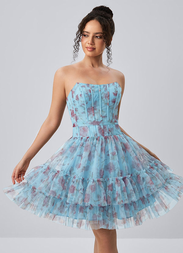 Mapalo Blauw Mini-jurk met korsetprint, tule en ruches, A-lijn model image1