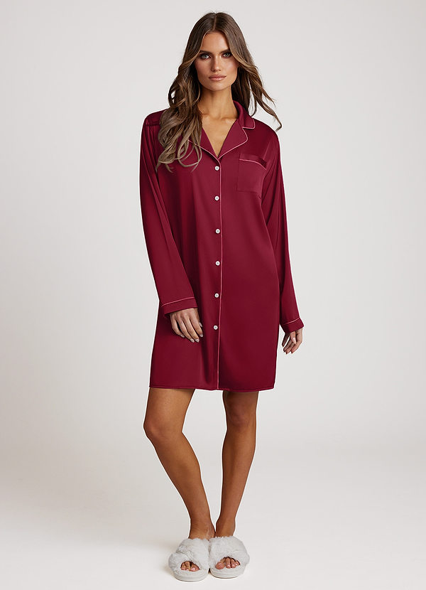 front Burgundy Robes Satin Sleeved Collared Dress