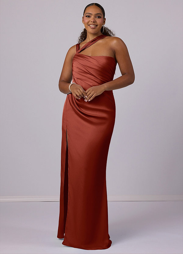 Barbie ♥ Azazie Bruidsmeisjes Jurken Jurk van Stretch Satijn met Zeemeermin One-Shoulder Terracotta image1