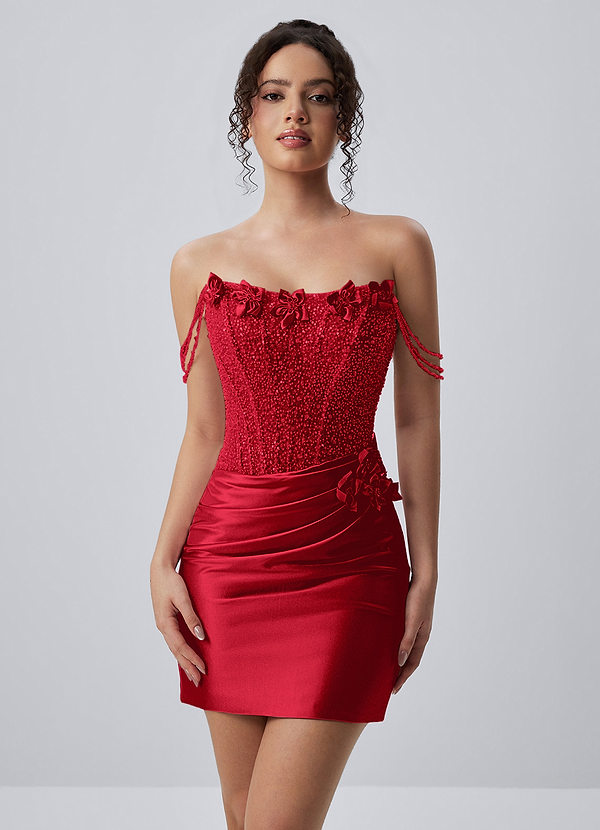 Ophelianaire Red Corset Beading Rhinestones 3D Flowers Stretch Satin Mini Dress image1