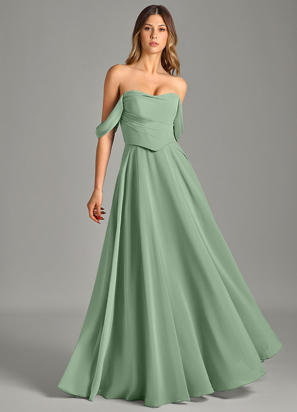Azazie Chelsey Abiti da Damigella Abito Convertibile A-Line in Chiffon a Spalla Scoperta Matcha image1
