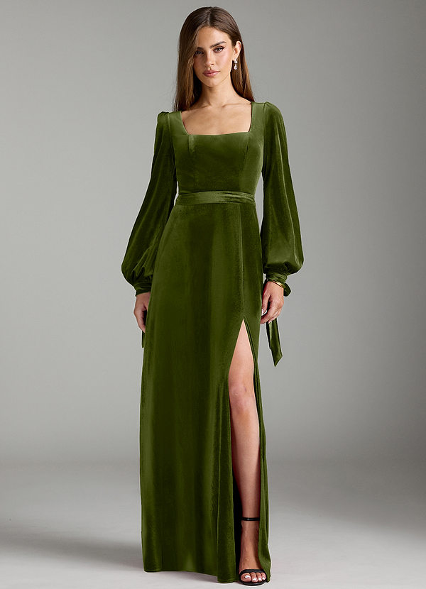 Azazie Leonia Bridesmaid Dresses Olive A-Line Long Sleeve Velvet Dress image1