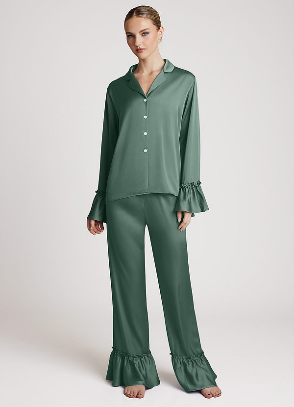 front Eukaliptus Lekki satynowy komplet piżamowy z falbanką