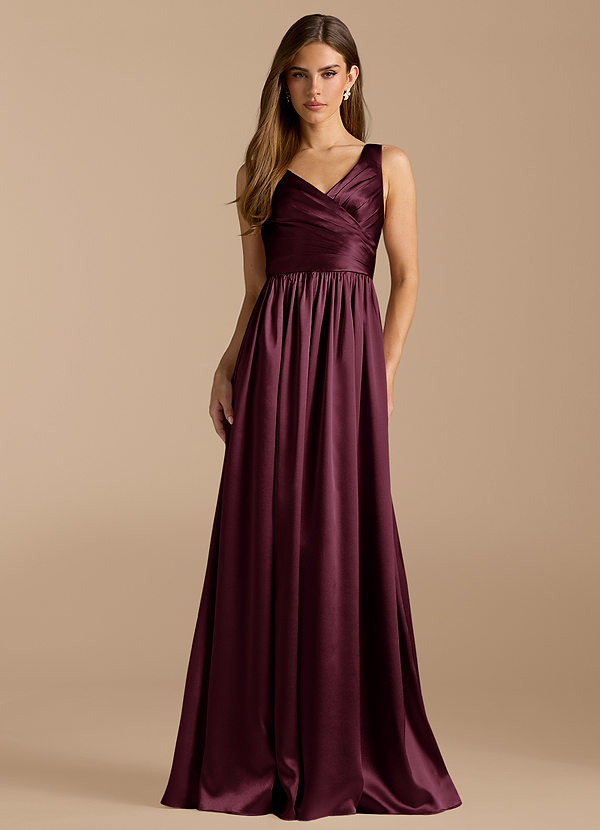 Azazie Keyla Bridesmaid Dresses Cabernet A-Line Pleated Metallic Satin Dress image1