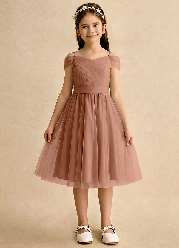 Azazie Lila Girls Formal Robes de Fillette d'Honneur Robe Trapèze en Tulle Épaule décolletée Bronze image1