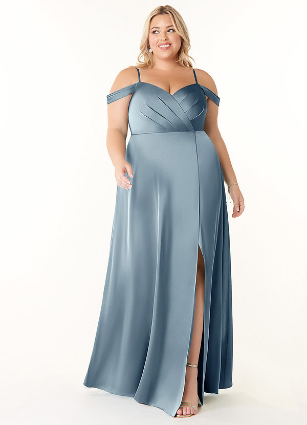 Azazie Ocean Bridesmaid Dresses Dusty Blue A-Line V-Neck Pleated Stretch Satin Dress image1