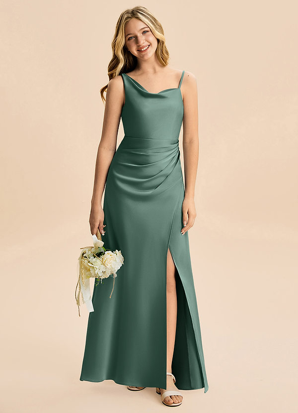 Azazie Abby Junior Robe Trapèze en Satin extensible Plissée Eucalyptus image1