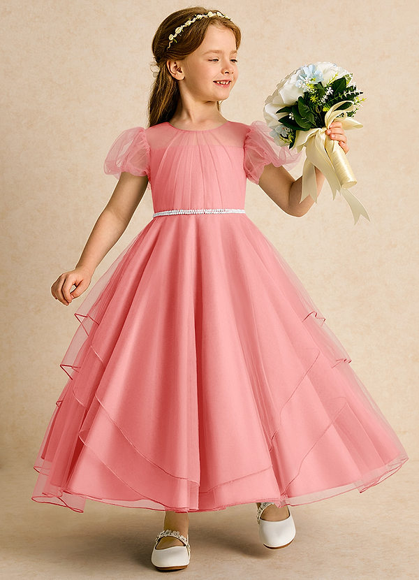 Azazie Duckie Abiti da Ragazza di Fiori Abito Principessa in Tulle Plissettato Corallo image1