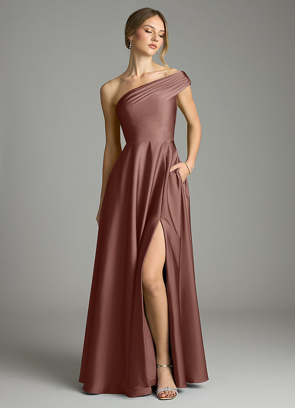 Azazie Melanie Morsiusneitojen mekot A-linja Olkapään ulkopuolella Joustava satiini Lattian pituus Pukeutua image1