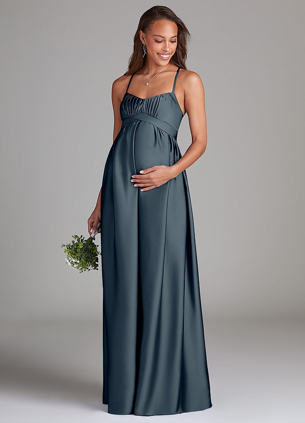 Azazie Llana Vestidos de dama de honor de maternidad Vestido de Corte En A Con bolsillos Hasta el suelo Satén Elástico image1