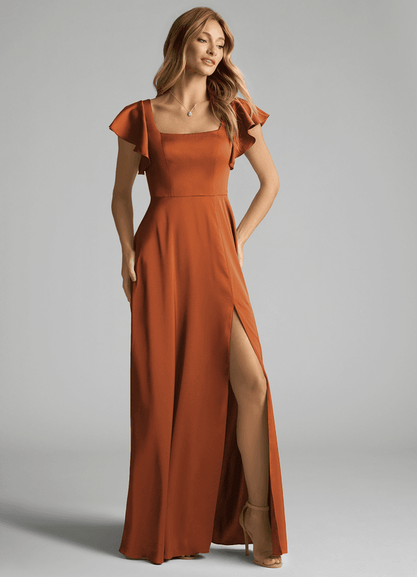 Azazie Bondi Bridesmaid Dresses Cinnamon A-Line Bow Stretch Satin Dress image1