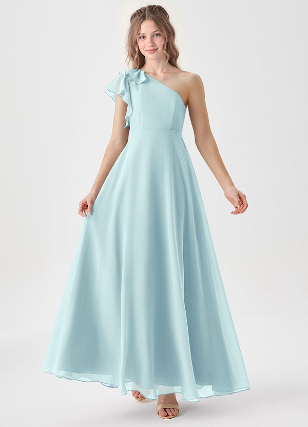 Azazie Arabella Junior Abito A-Line in Chiffon Increspato Sea Glass image1
