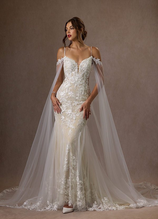 Azazie Leonie Wedding Dresses Diamond White Champagne Mermaid V-Neck Sequins Tulle Dress image1