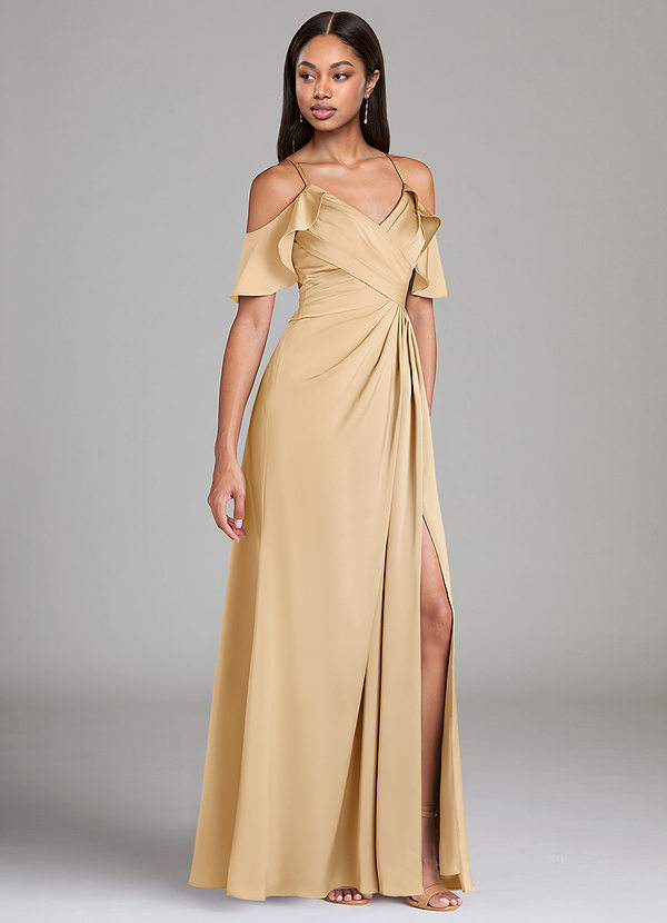 Azazie Dakota Robes Demoiselle d'honneur Robe Trapèze en Satin extensible Épaule décolletée Or image1