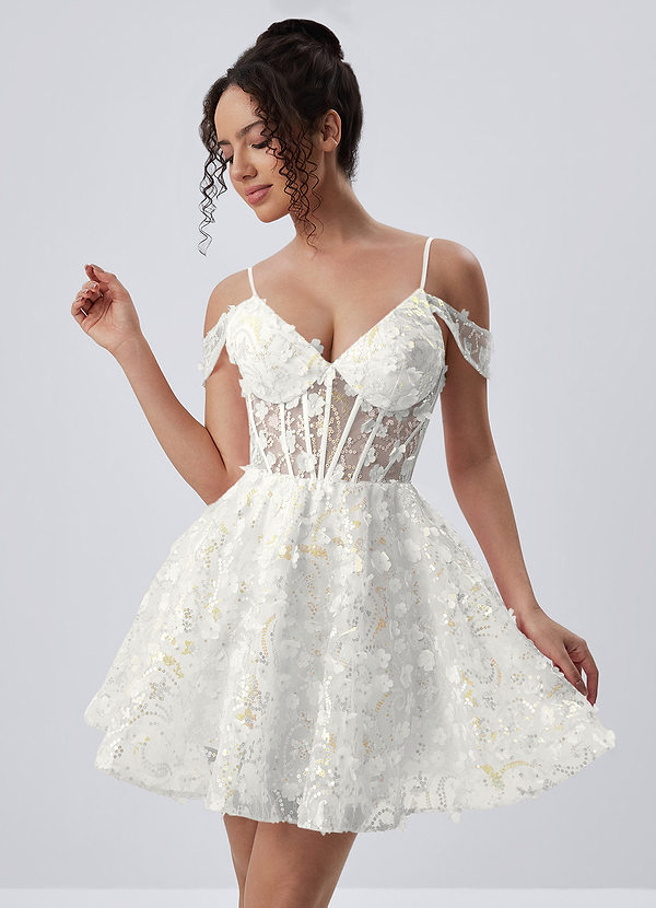 Kaelaniora Blanco Minivestido corsé de tul con bordado de lentejuelas y flores 3D image1