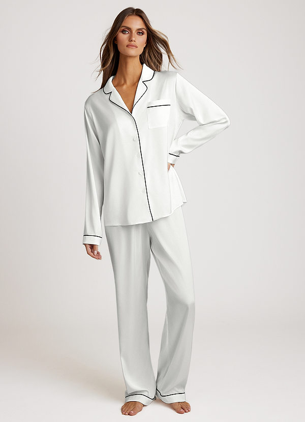 front White Long Sleeves and Pants Satin PJ Set