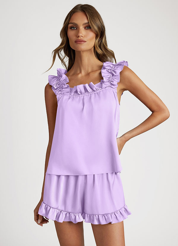 front Lila Conjunto de pijama de satén convertible con tirantes y volantes