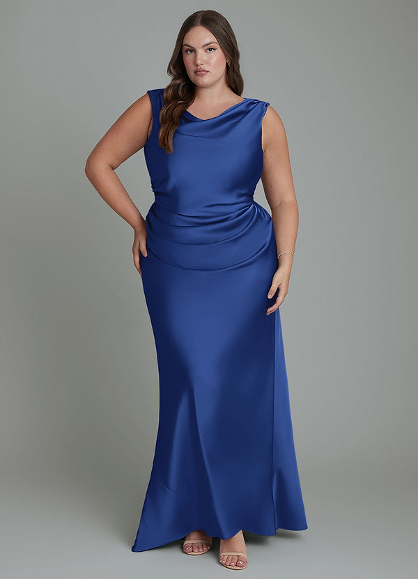 Azazie Kieryn Vestidos de dama de honor Vestido Azul Real de Satén Elástico de Corte Sirena con Plisado image1