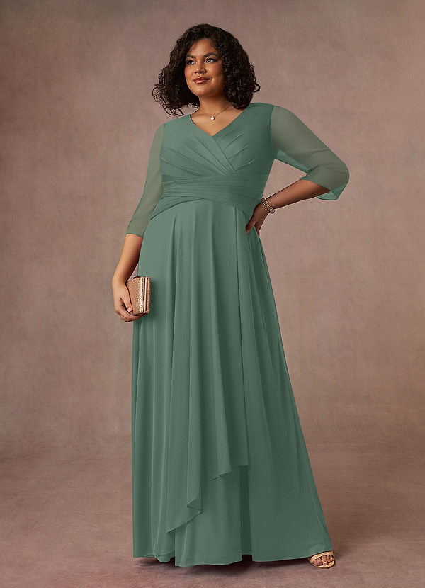 Azazie Annetta Brautmutterkleider A-Linie V-Hals Lange Ärmel Gittergewebe Kleid Eukalyptus image1