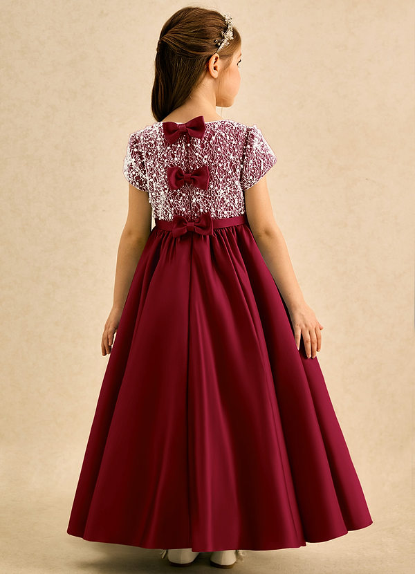 Azazie Cashew Robes de Fillette d'Honneur Robe Princesse en Mat Satiné avec manches Bourgogne image1