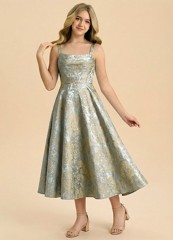 Azazie Lilla Junior Formal Robe Trapèze en Taffetas Jacquard Plissée Motif Floral Bleu Sarcelle Vintage image1