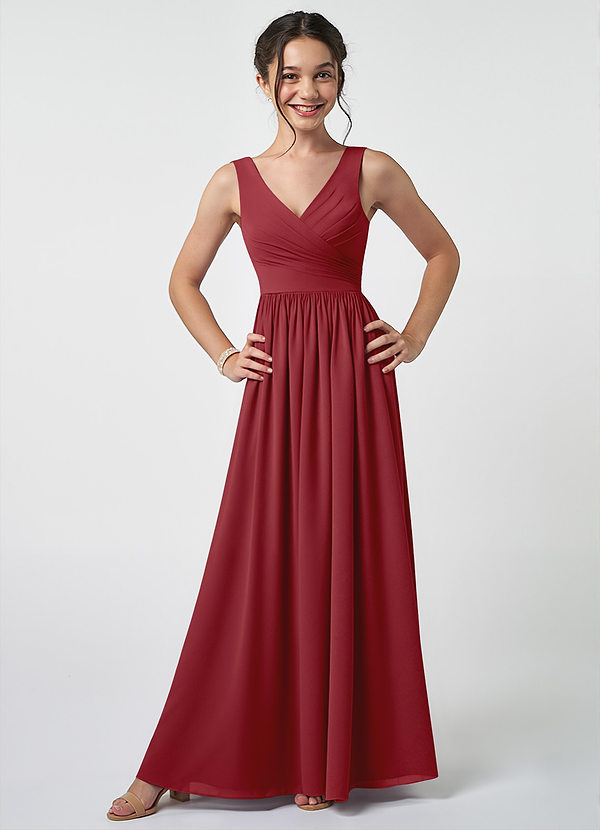 Azazie Keyla Junior A-Linie Plissee Chiffon Kleid Granatapfelrot image1