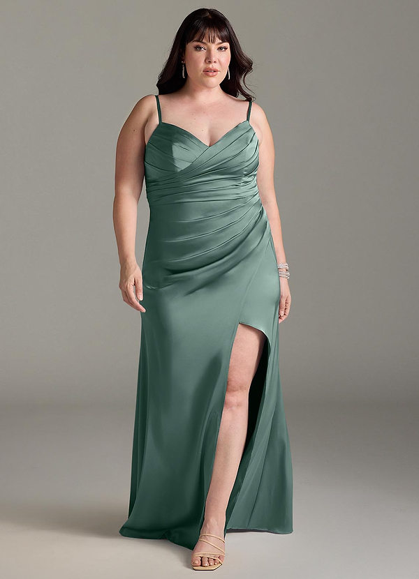 Azazie Yola Vestidos Dama de Honor Vestido de Eucalipto de Satén Elástico de Corte Recto Convertible con Cuello en V Plisado image1