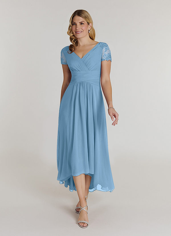 Azazie Thais Mother of the Brides Dresses Steel Blue A-Line Lace Chiffon Dress image1